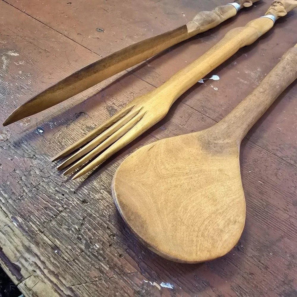 Vintage Hand Carved Wooden Utensil Set Tribal African Decor Art Spoon Fork